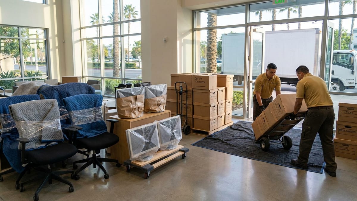Wrapped office monitors and labeled boxes staged by a glass office entrance