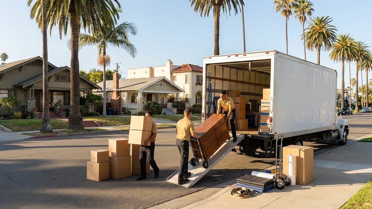 Sunny San Diego neighborhood street with palm trees and a moving truck