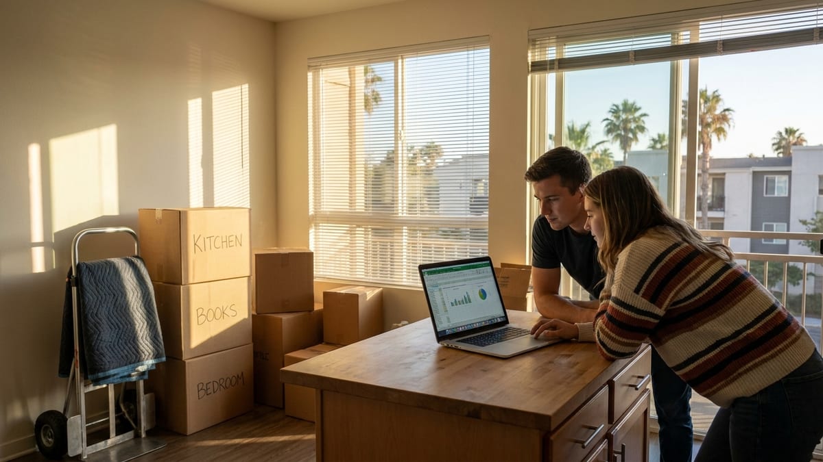 A couple reviewing a budget on a laptop at a kitchen counter with a few moving boxes