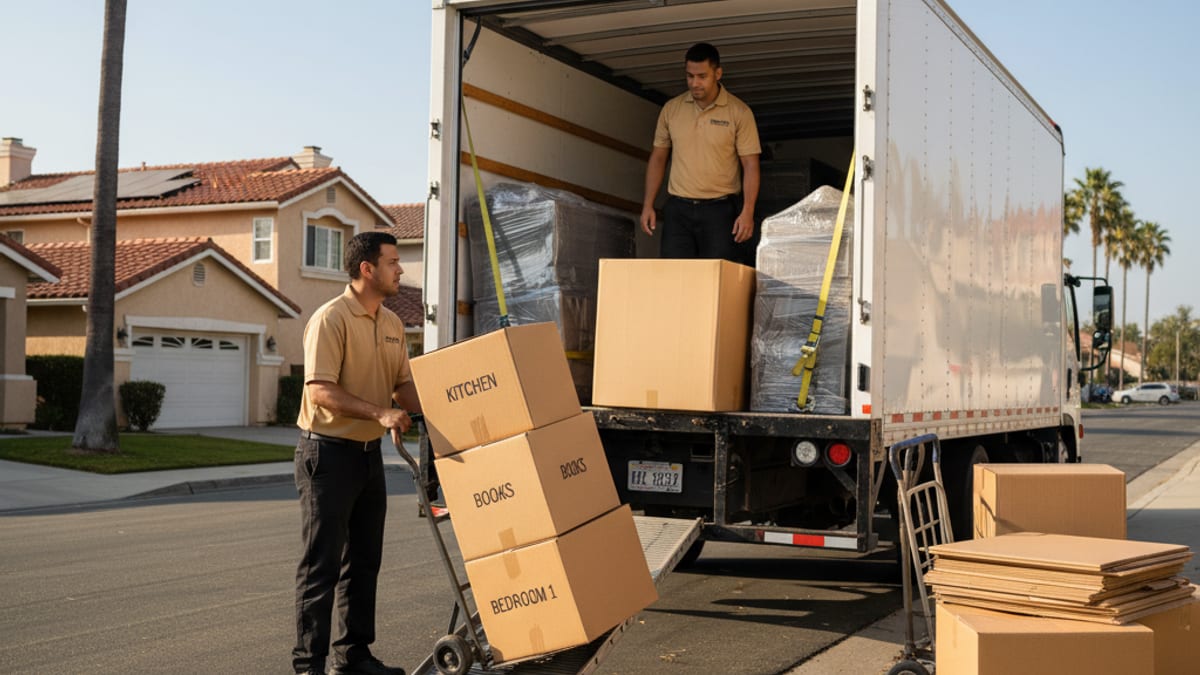 Swift Move SD truck pulling up to a San Diego apartment with two movers stepping out for a same-day load