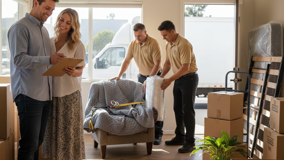 Two Swift Move SD movers in tan polos loading a wrapped sofa into a 26-foot box truck on a North Park residential street
