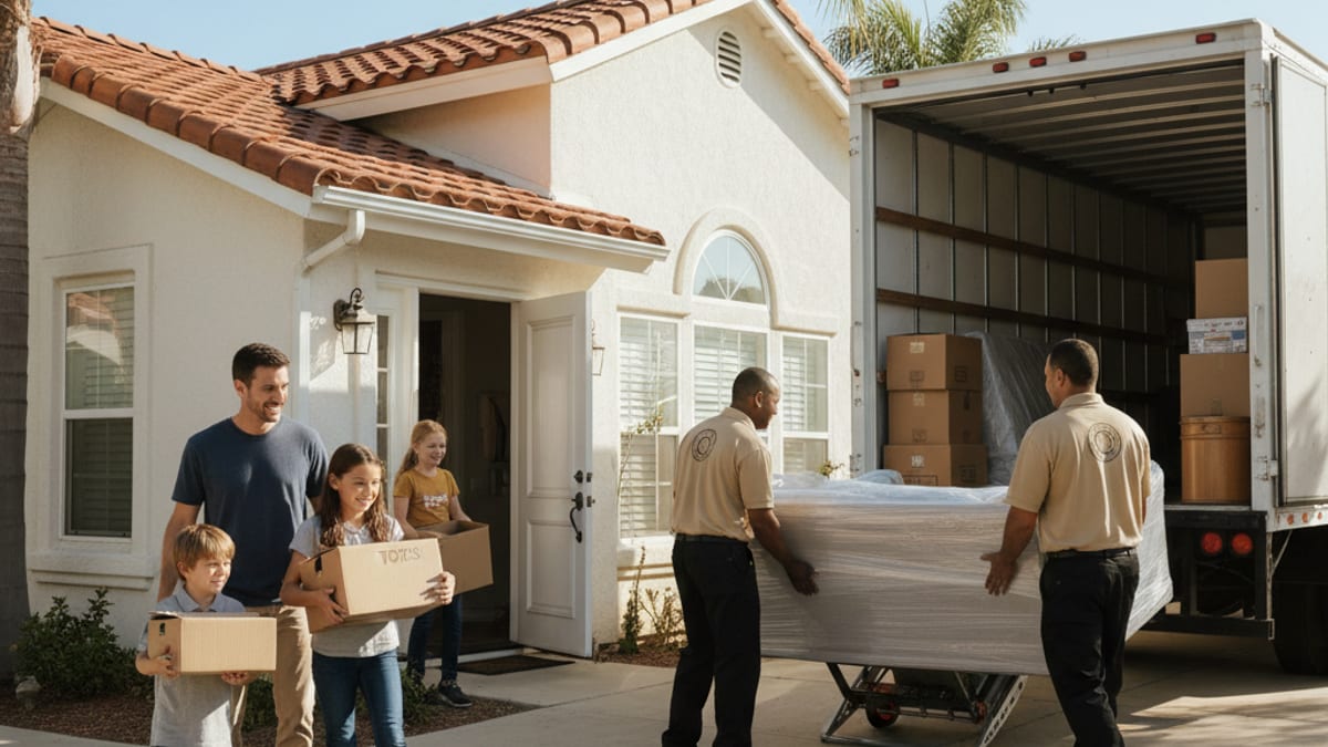 Marine family unloading a moving truck in front of base housing at Camp Pendleton with a Swift Move SD crew assisting