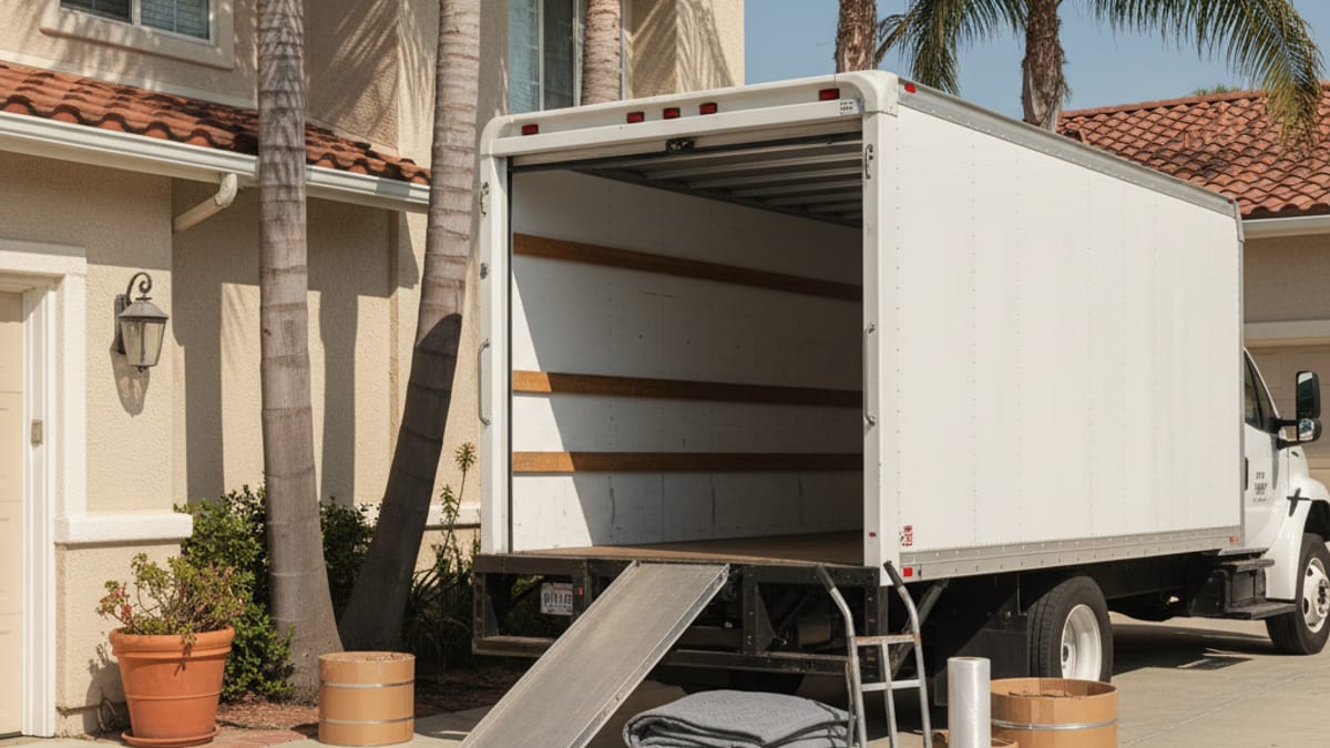 Mover pad-wrapping a flat-screen TV before loading into a long-haul moving trailer in San Diego