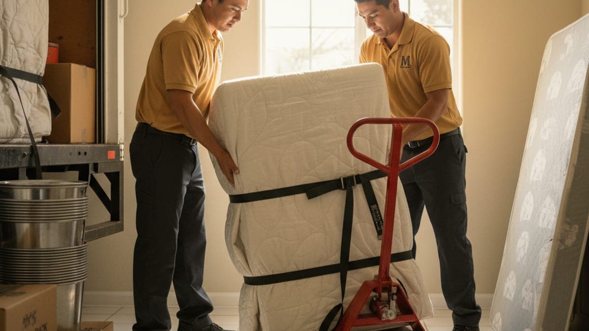 Swift Move SD movers carrying a wrapped mattress down an exterior apartment stairwell in a San Diego complex