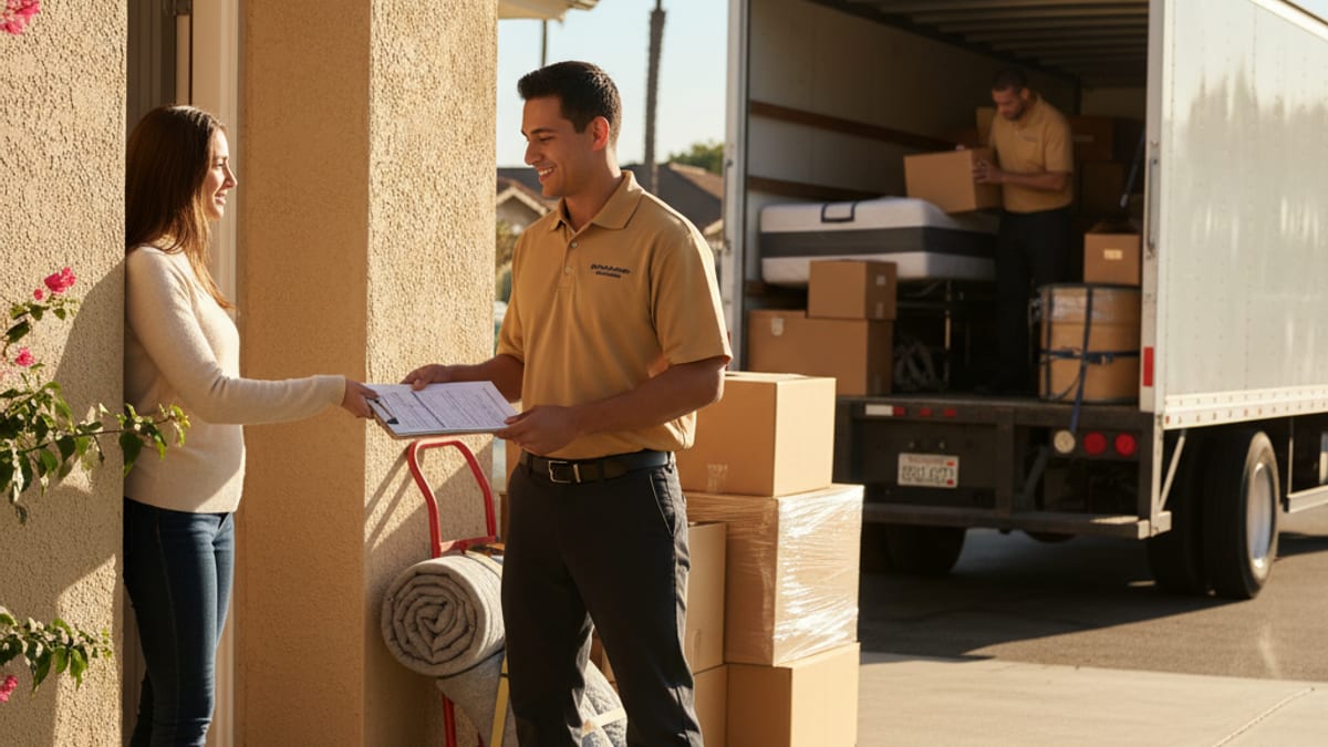 Mover and homeowner reviewing a printed binding moving estimate at a kitchen counter in a San Diego home
