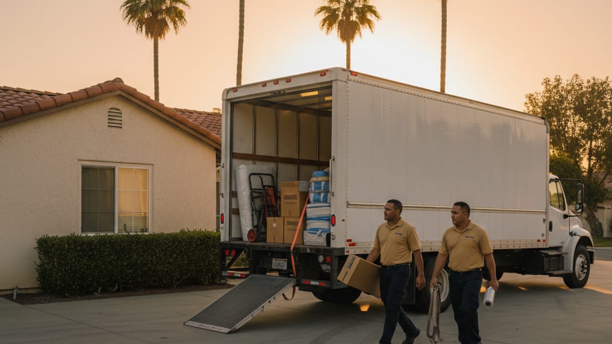 Long-haul moving truck on Interstate 8 east of San Diego heading toward Arizona at sunset