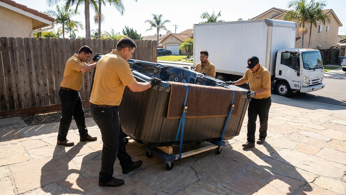 Four movers in golden tan polos moving a large hot tub on heavy dollies across a backyard