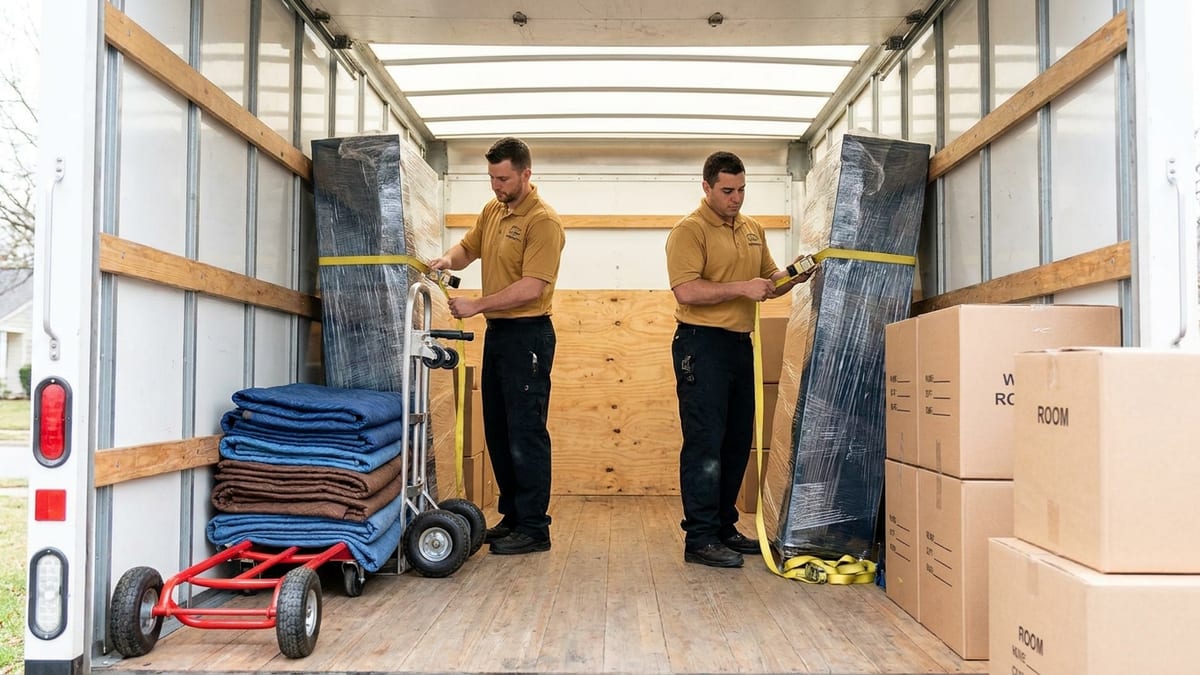Movers in golden tan polos strapping furniture in tiers inside a half-loaded box truck