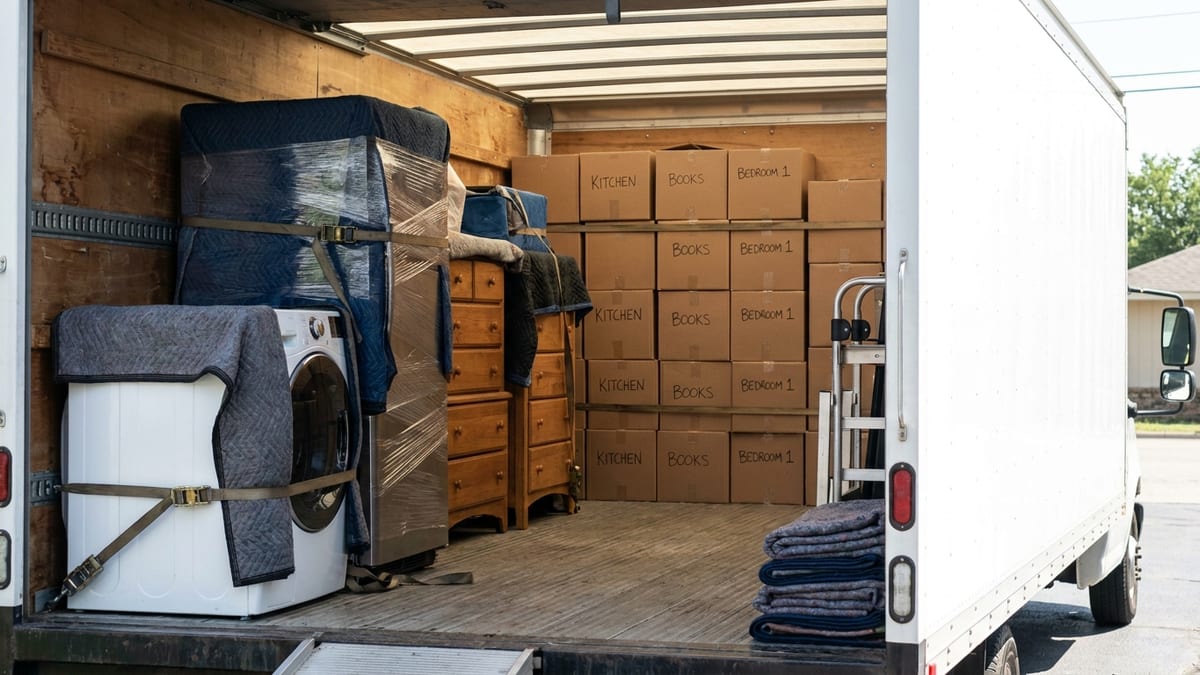 View inside a moving truck showing heavy items loaded forward and boxes stacked in tiers