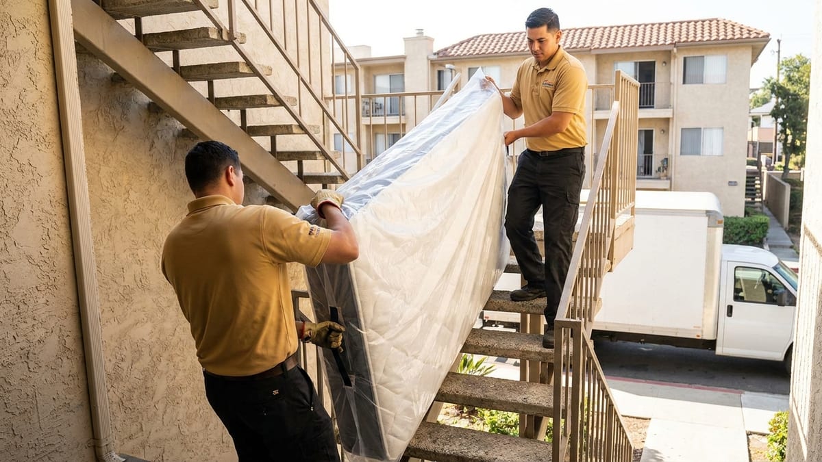 Two movers in golden tan polos carrying a bagged mattress down San Diego apartment stairs