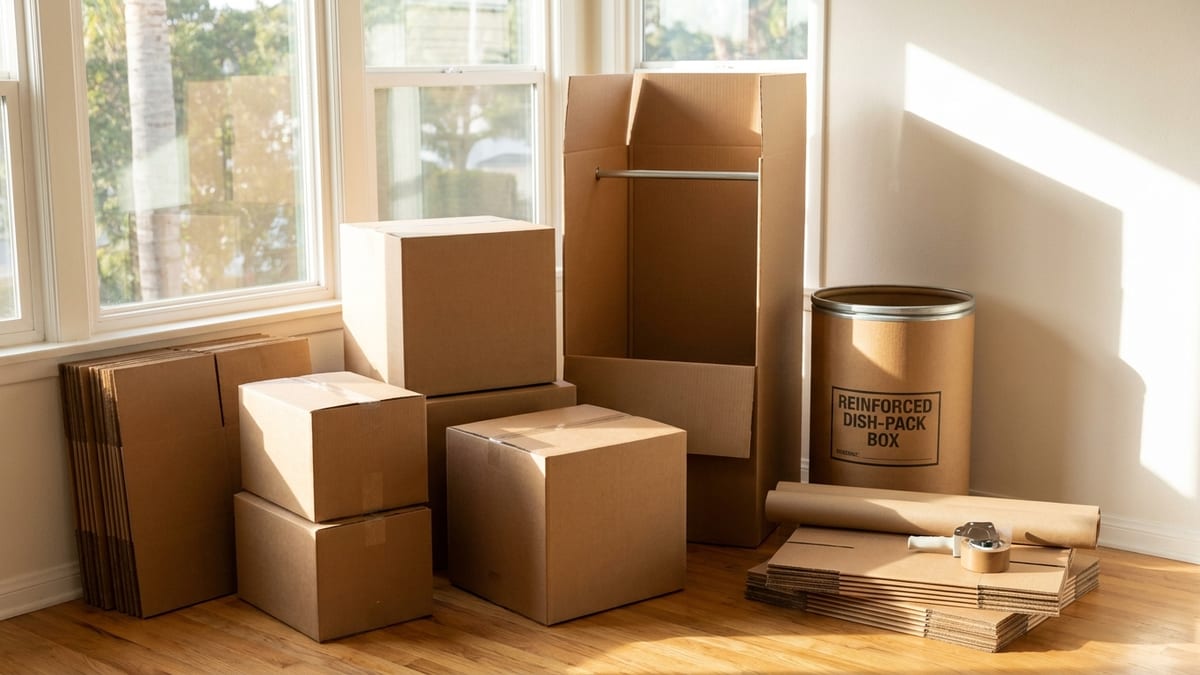 A neat stack of various moving box sizes with packing supplies in a sunlit room