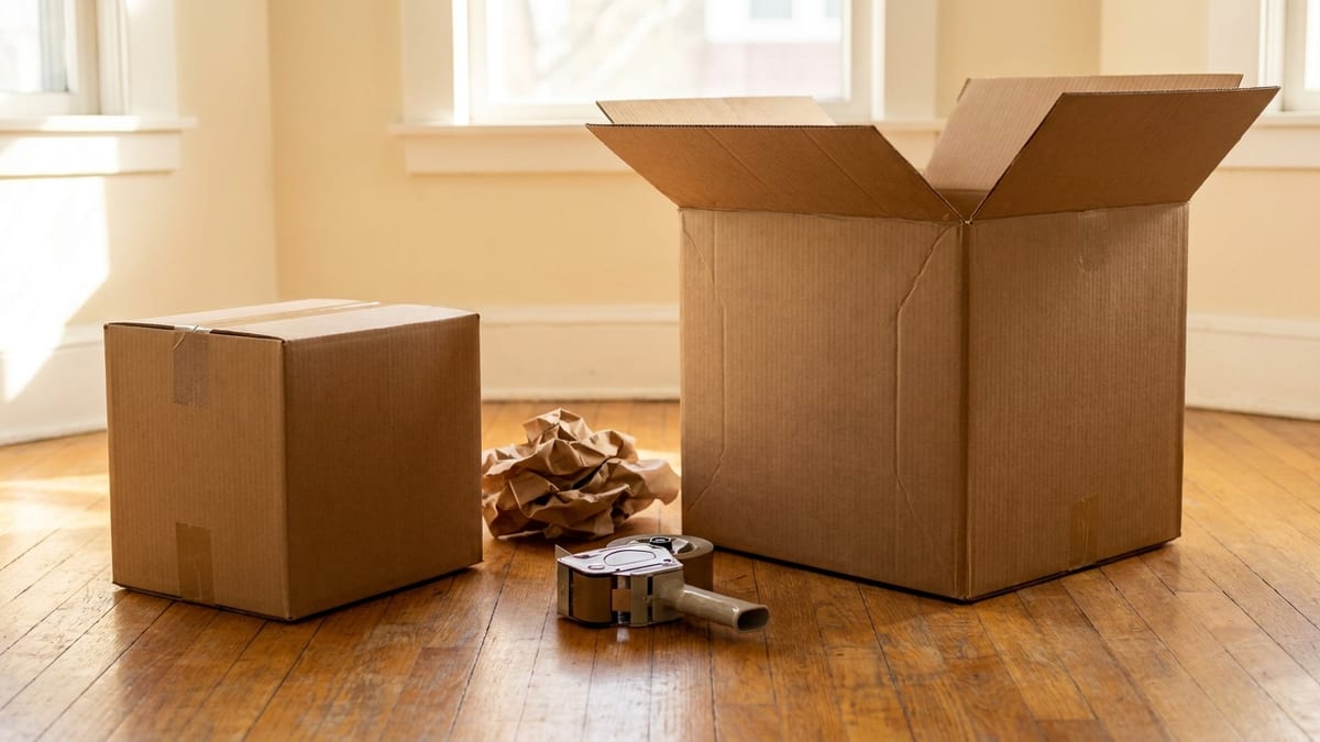 Close-up comparing a small sturdy book box next to a large moving box