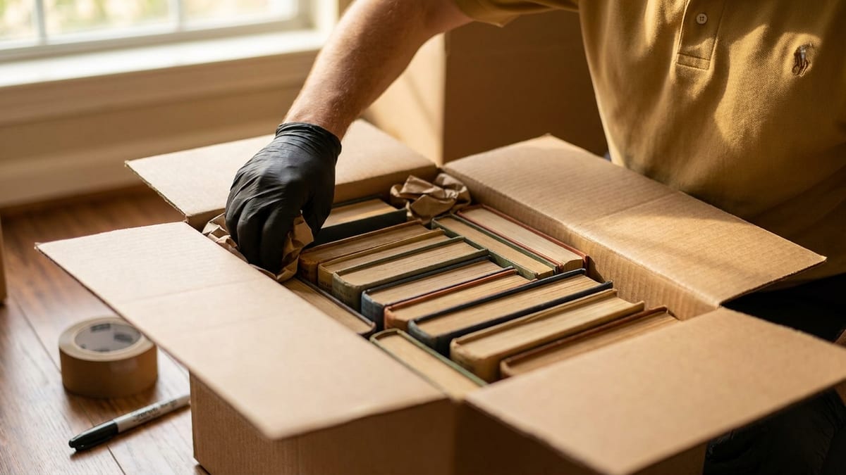 Close-up of books packed flat and spine-down in a small box with paper filling the gaps