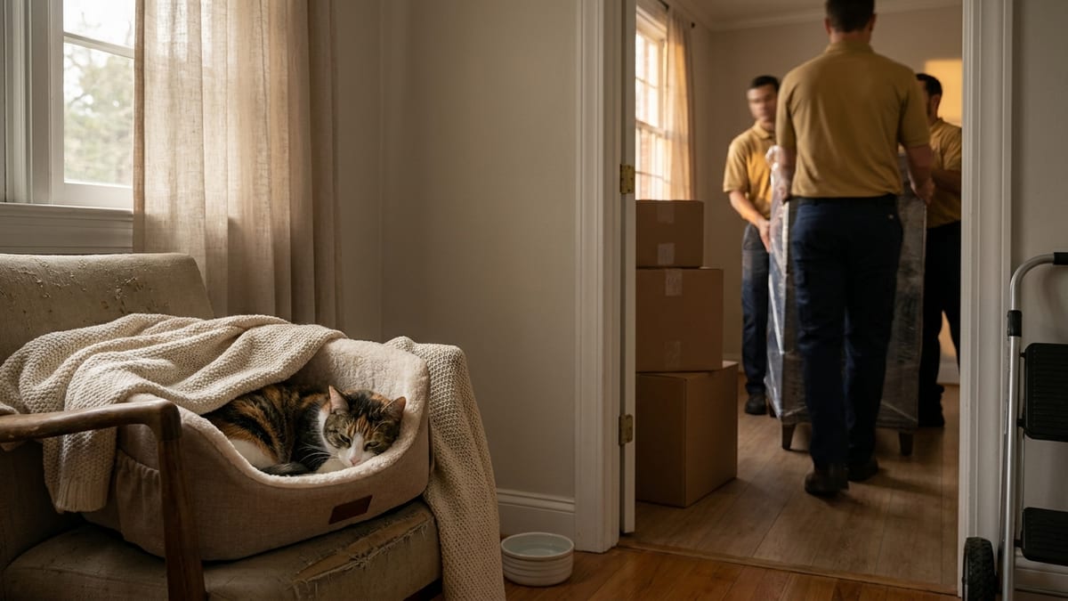 A cat carrier with a blanket and water bowl set up in a quiet closed room on moving day