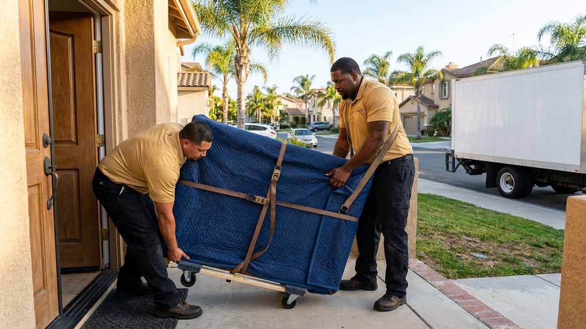 Two movers in golden tan polos carrying a blanket-wrapped slate pool table section out of a San Diego home