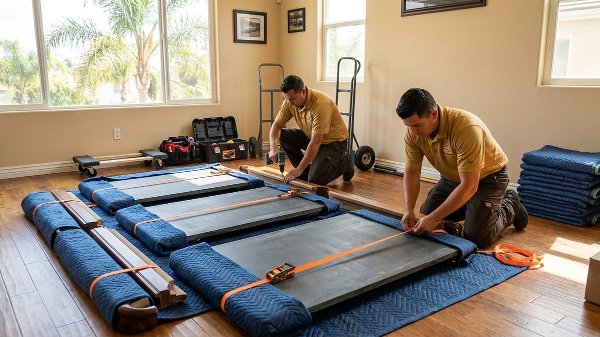 Disassembled pool table with slate sections wrapped in moving blankets on the floor of a game room