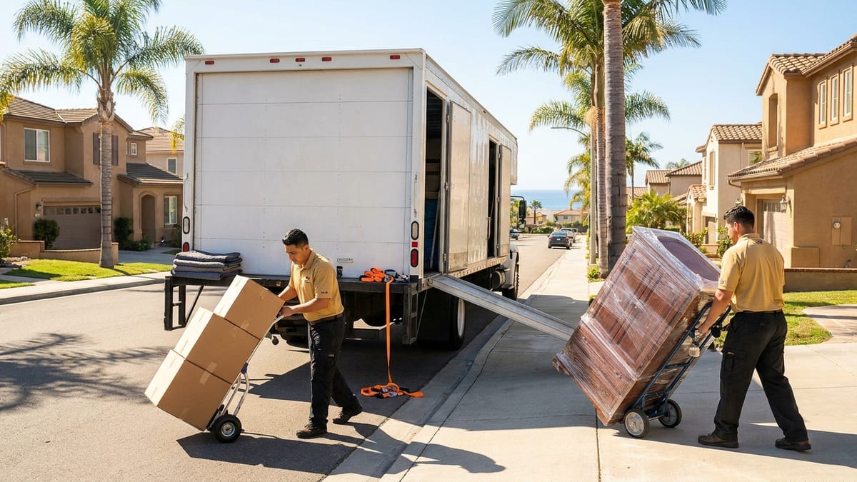 A clean white moving truck arriving on a sunny San Diego palm-lined street