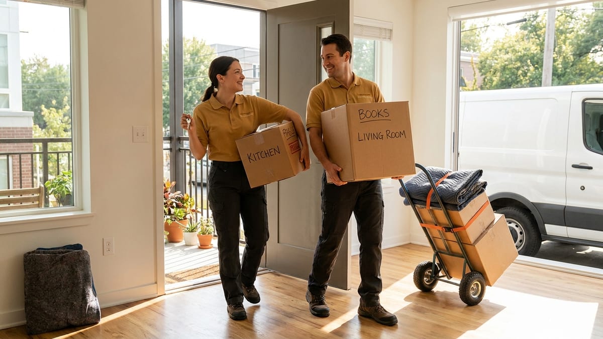 A couple carrying boxes into a sunlit new San Diego apartment, keys in hand