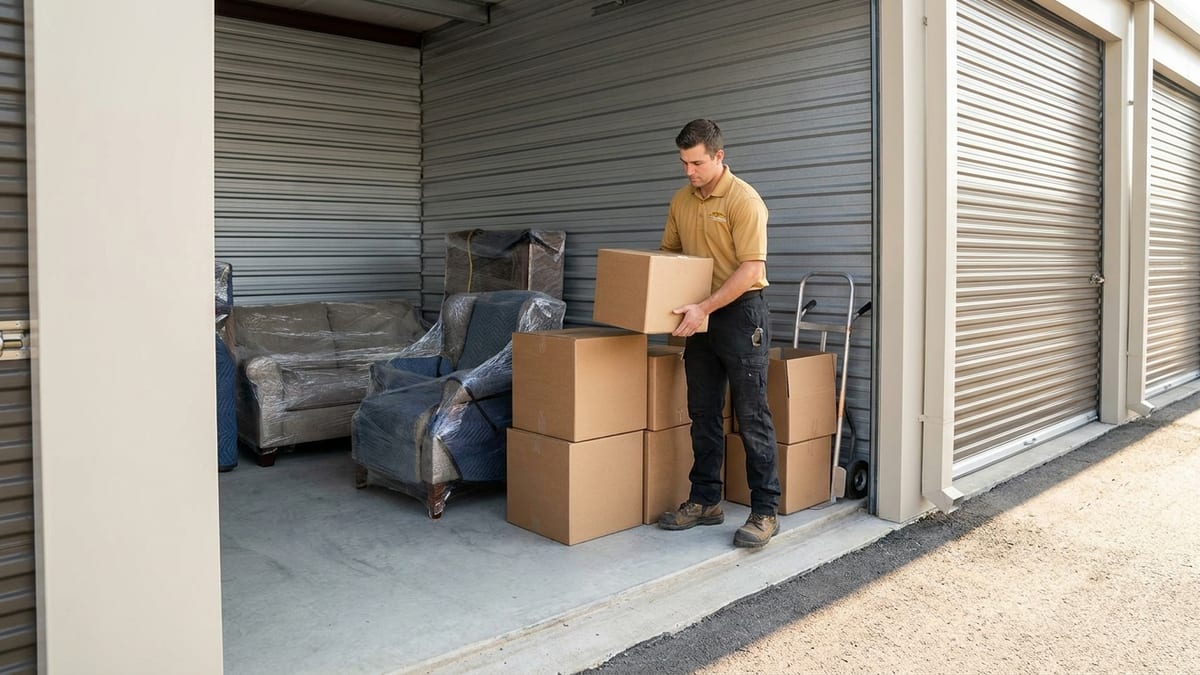 Open self-storage unit with neatly stacked labeled boxes and wrapped furniture