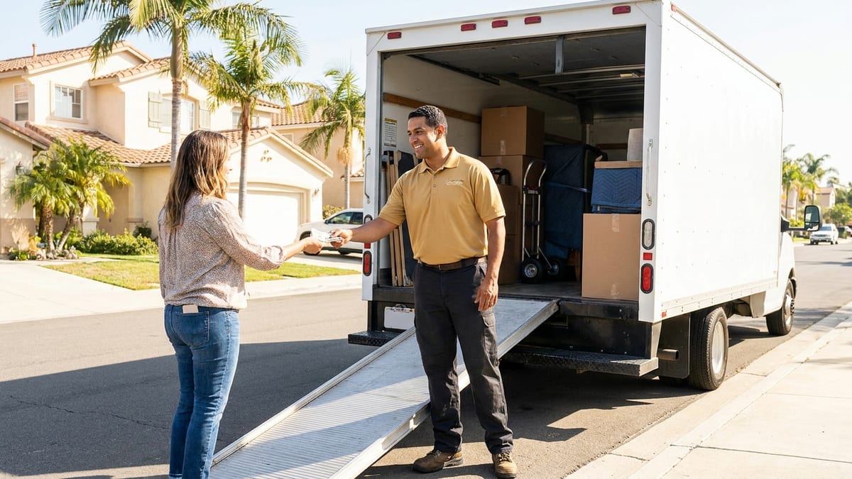 Homeowner handing a cash tip to a Swift Move SD mover in a golden tan polo beside the moving truck