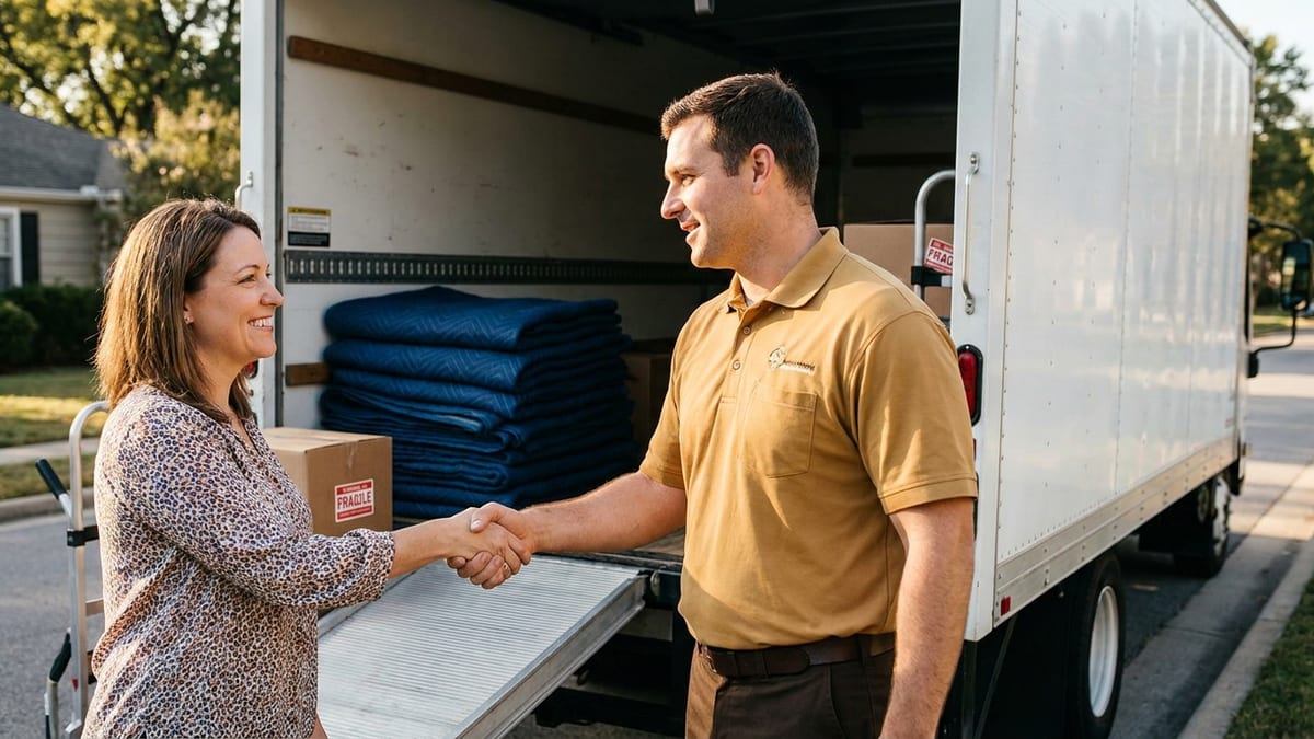 Close-up of a mover in a golden tan polo shaking hands with a customer at the back of a moving truck