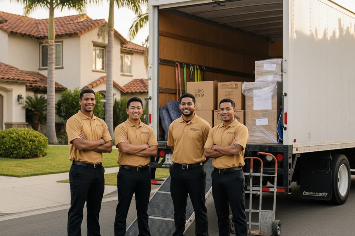 Swift Move SD uniformed crew in golden-tan polos loading a labeled box onto a 26-foot moving truck outside a San Diego home