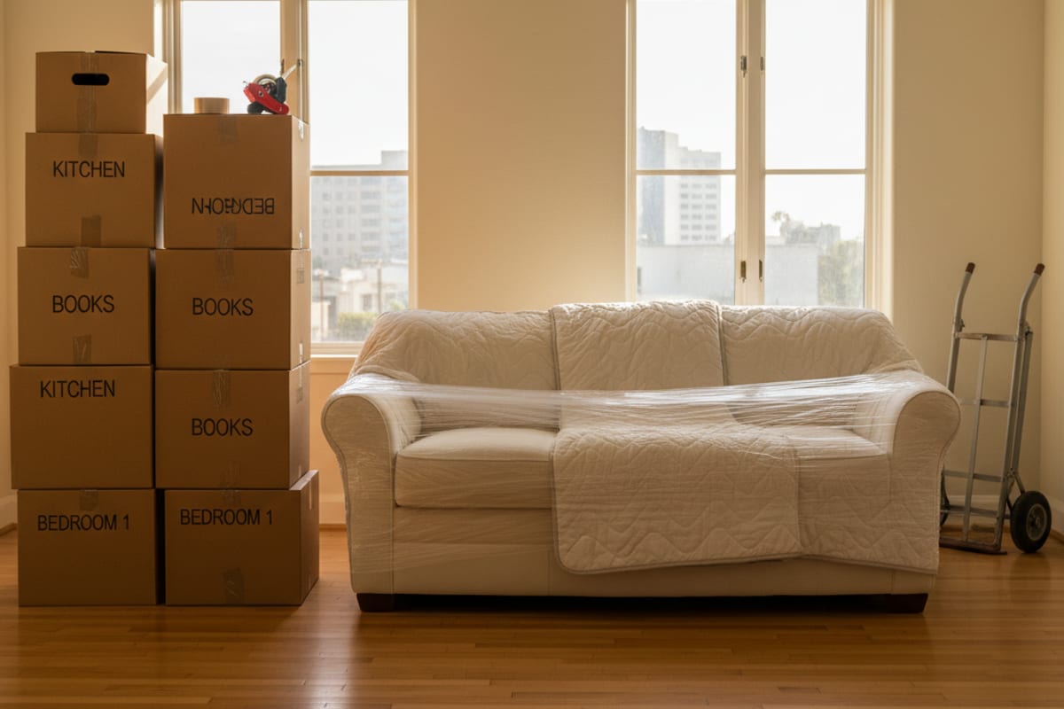 Swift Move SD lead mover reviewing a binding written estimate and inventory sheet with a homeowner in a San Diego living room