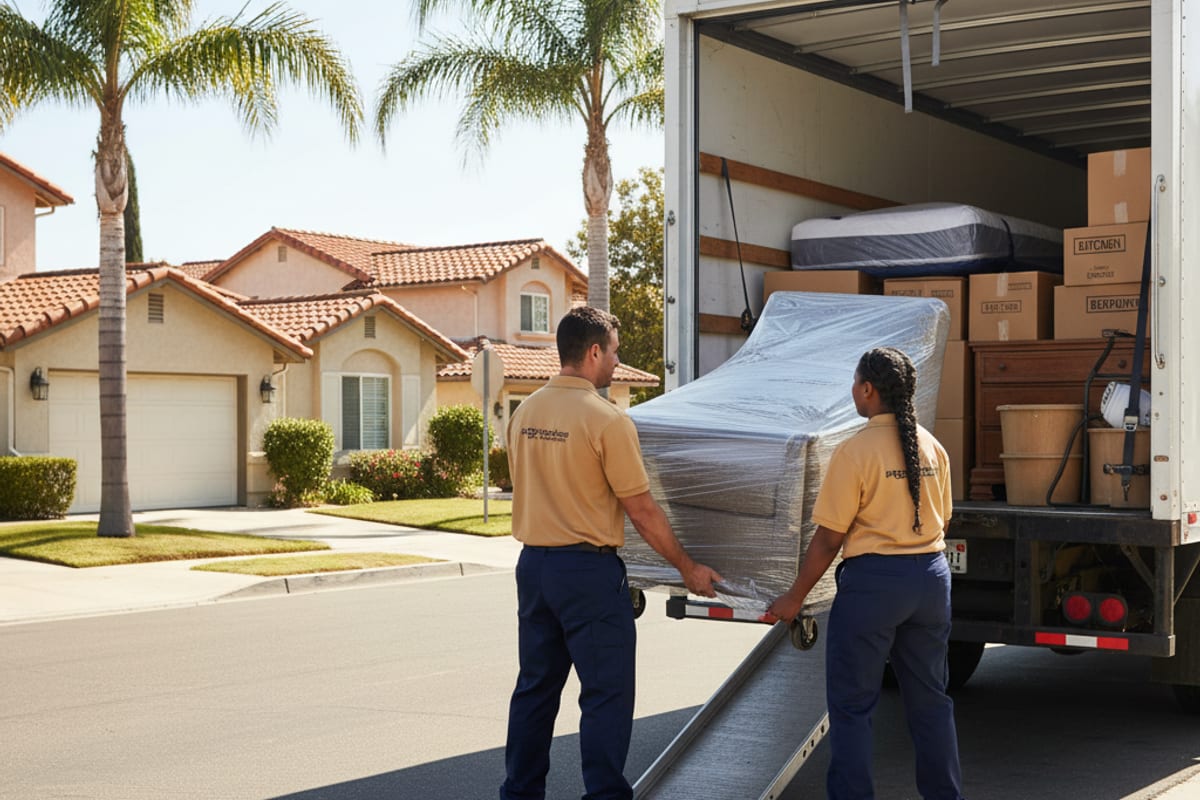 Swift Move SD uniformed crew loading boxes and furniture into a 26-foot moving truck on a San Diego residential street in warm afternoon light
