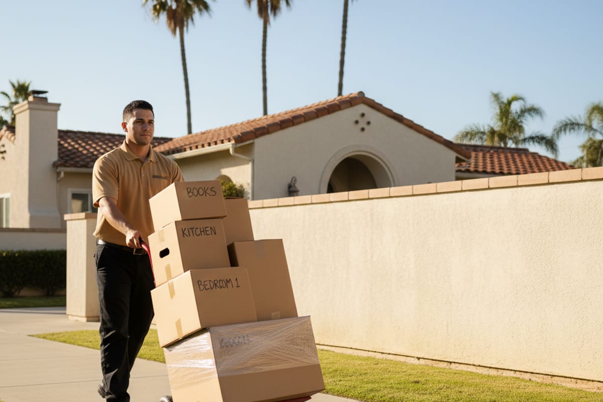 Overhead flat-lay of professional moving equipment including furniture pads, boxes, dollies, and shrink wrap on a clean truck floor