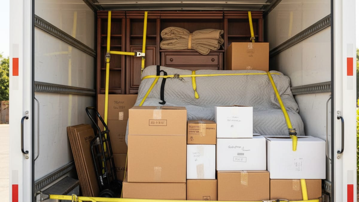 Two movers in golden-tan polos loading boxes against the cab wall of a white box truck