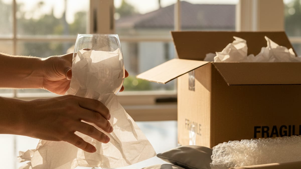 Homeowner wrapping a stack of plates with packing paper next to a dish-pack barrel