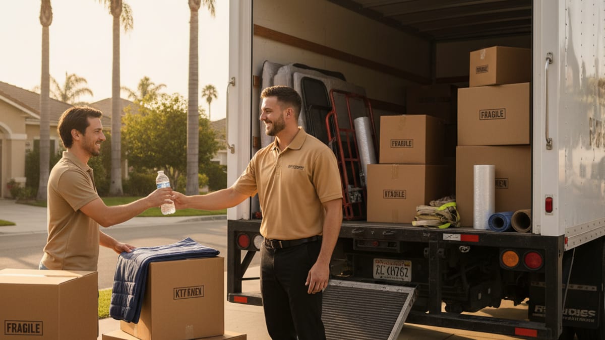 Homeowner handing cash to a mover in a golden-tan polo at the front door