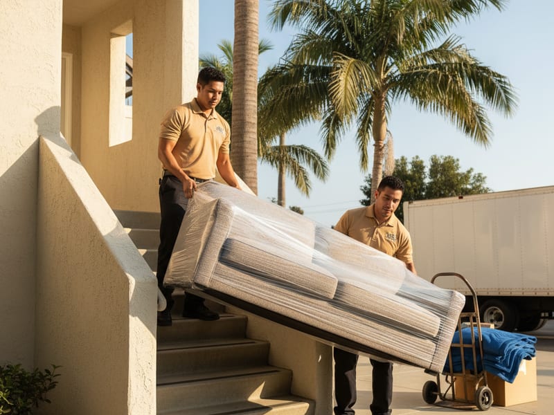 Swift Move SD mover in golden tan polo navigating a furniture dolly through a San Diego apartment building lobby