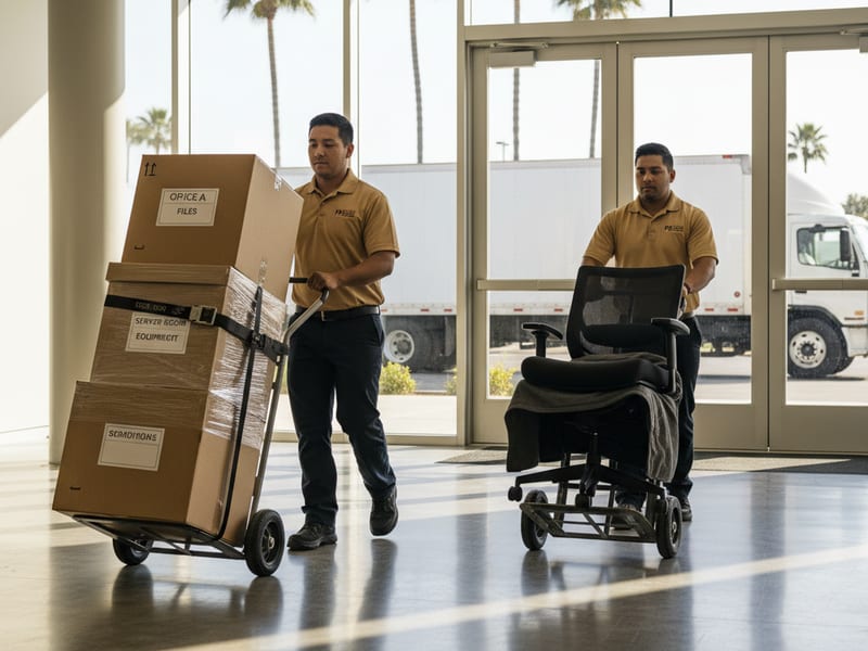 Swift Move SD movers in golden tan polos transporting office desks and chairs in a downtown San Diego high-rise