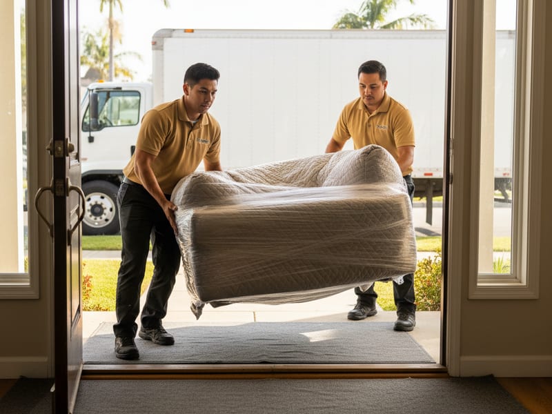 Two Swift Move SD movers in golden tan polos carrying a pad-wrapped sofa down San Diego front steps