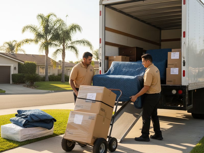 Swift Move SD crew in golden tan polos loading furniture into a customer-rented U-Haul in San Diego