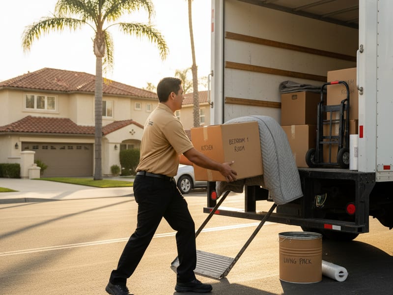 Swift Move SD truck pulling up curbside at a San Diego apartment for a same-day move with mover in golden tan polo