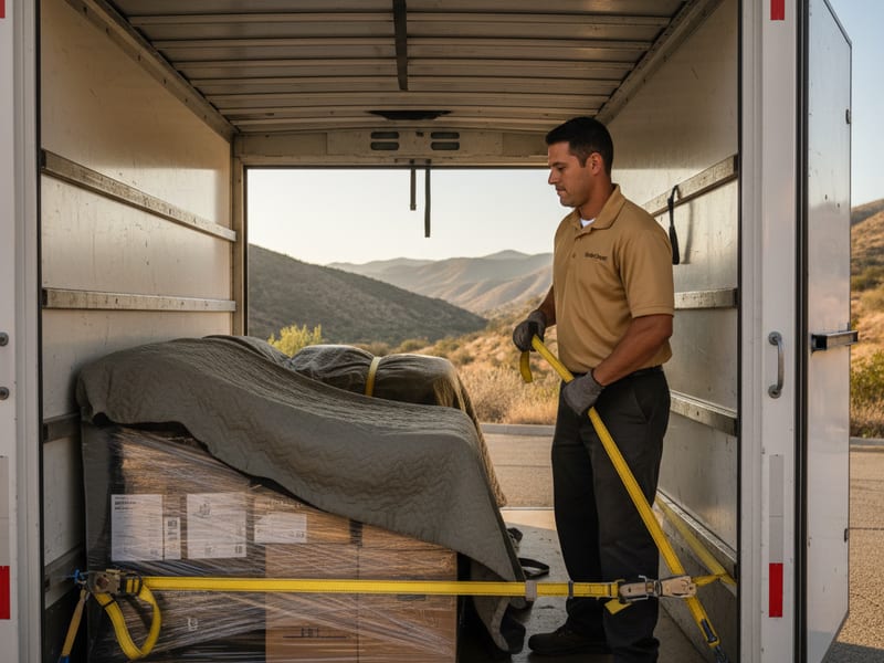 Long-distance moving truck loaded at a San Diego home with mover in golden tan polo securing the load