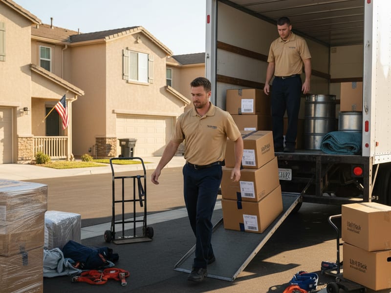 Swift Move SD truck staged at Camp Pendleton base housing for a PCS move with mover in golden tan polo
