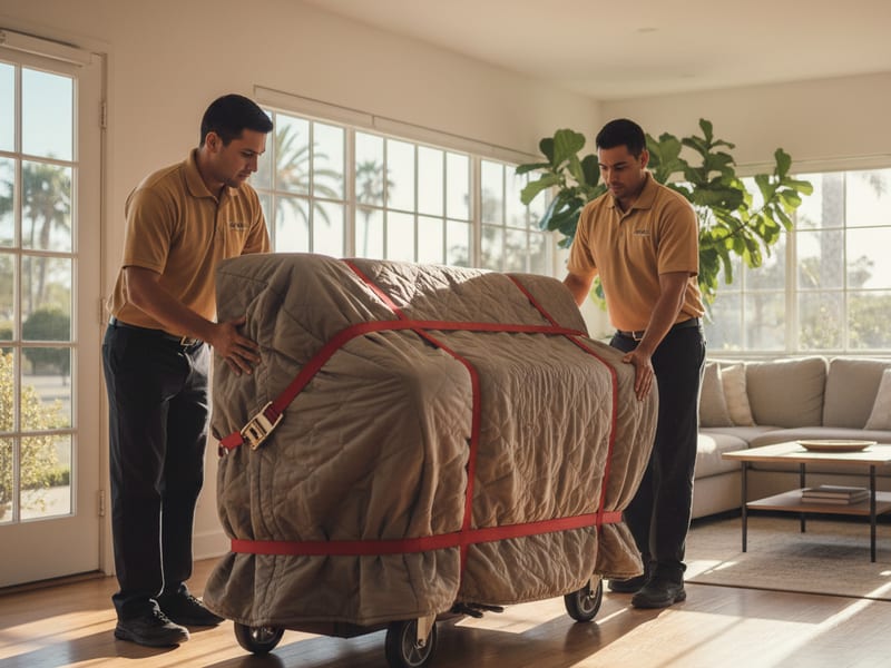 Four Swift Move SD movers in golden tan polos guiding an upright piano on a board down a San Diego stairwell
