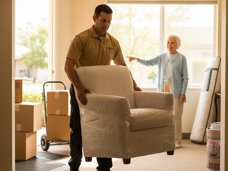 Swift Move SD mover in golden tan polo carefully wrapping a framed photograph for a San Diego senior client